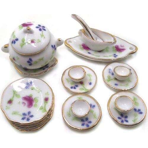 18Pcs/Set 1/12 Miniature Tableware Set Dollhouse Miniature Ceramic Tea Cup Pot Model Kitchen Tableware Kitchen Toys