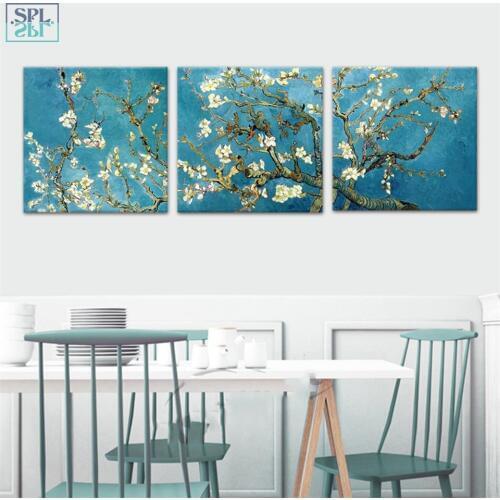 3pc/set Retro Oil Painting Hd Print on Canvas Van Gogh Artwork Plum Flower Tree Blue Background Home Decor Wall Picture No Frame