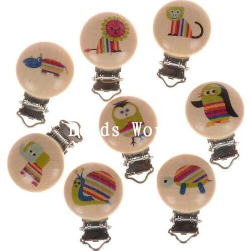 5 Pcs Natural Color Round Wood Baby Pacifier Clip Holders Cute Cartoon Animal Pattern Infant Soother Clasps Accessories 45x29mm