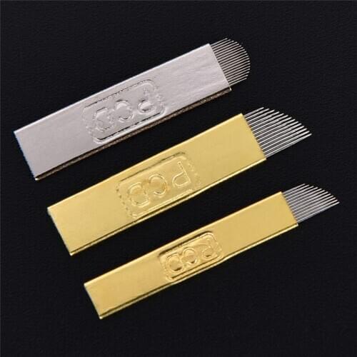 50pcs PCD 12 14 18 Pins Microblading Needles Permanent Makeup Blades Manual Eyebrow Tattoo Curved Blade Needles For Tattoo Pen