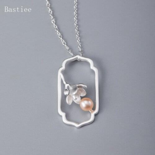 Bastiee 925 Sterling Silver Necklace For Women Pearl Pendant Orchid Flower Jewelry Link Chain Chinese Vintage Style