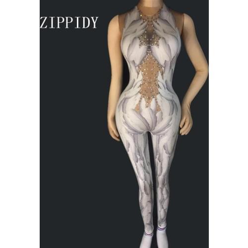 Glisten Rhinestone Feather Printed Jumpsuit Bling Crystals Rompers Sexy Costume Nigjtclub Party Show Celebrate Outfit Stage Wear