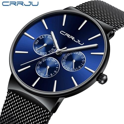 CRRJU Hot Stainless Steel Mesh Strap Watches Mens Quartz Business Wristwatches 24 Hours and Calendar Clock Male 2019 Relojes