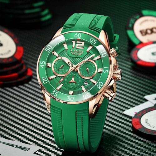 LIGE Mens Watch Green Silicone Strap Quartz Watches Chronograph Sports Wristwatch for Man 3atm Waterproof Relogio Masculino+Box