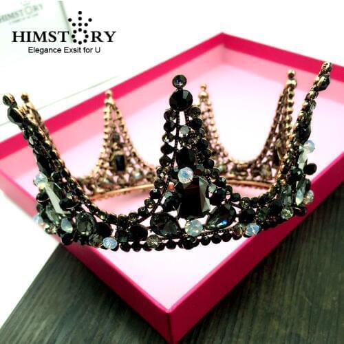 HIMSTORY Vintage Baroque Round Tiara Black Rhinestone Beads Crowns Royal Queen Headband for Women Party Wedding Hair Accessories