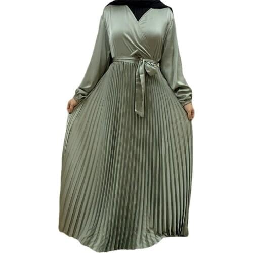 Eid Satin Hijab Dress Abaya for Women Fashion Surplice Neckline Long Sleeve Belt Pleated Dresses Muslim Islamic Dubai Turkey