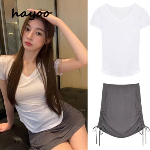 Hayoo Closed waist sexy drawstring slim skirt set plus classic irregular short-sleeved T-shirt womens two-piece set