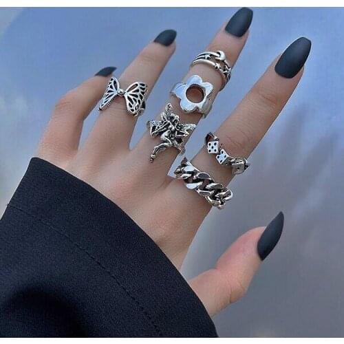 Punk Butterfly Finger Ring Set for Women 6PCS Flower Dice Angel Wings Cupid Charms Rings Gothic Silver Color Jewelry Anillos