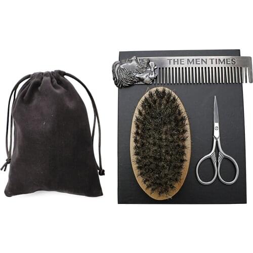 Round Natural Bristle Beard Brush Kit For Men Beard Shaving Brush And Comb Set With Gift Package