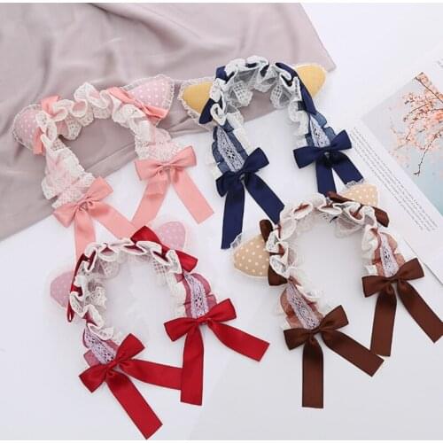 Lolita Lace Headbands Cute Dot Ears Headwear Bows Adorn with Ribbon Sweet Kawaii Cosplay Headpiece Party Supplies