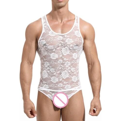 Mens Sexy Underwear Sets Rose Lace See Through Tank Tops Sleeveless Sheer Undershirts Mesh Gay Lingerie Set Briefs Bikini Panty