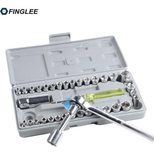 FINGLEE Hand Tools Set 40pcs 1/4-Inch Socket Set Motor Repair Tool Ratchet Torque Wrench Combo Tools Kit Auto Repairing