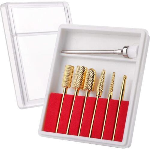 Makartt Carbide Nail Drill Bit Set 3/32 Gold Carbide Nail Drill Bit 7Pcs Remove Gel Polish Nail Gel Dip Powder Drill Bit