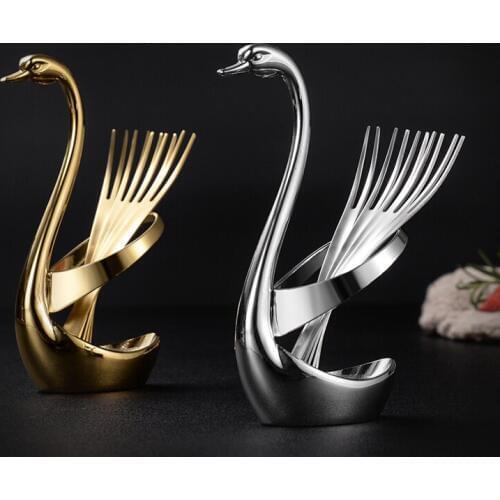 Home 304 Stainless Steel Fruit Fork Set Creative Swan Forks Storage Base Small Fruit Cake Fork Metal Forks Swan Organizer Sets