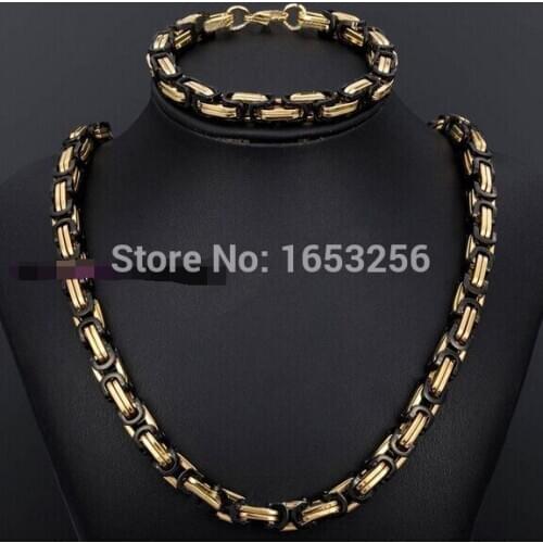 8.0mm Huge Gold Black Square byzantine Link Chain Necklace & Bracelet Set Stainless Steel Jewlery Set Best Friend XMAS Gift