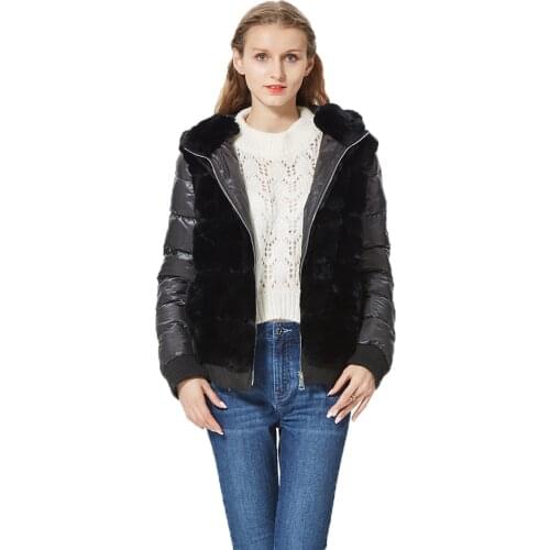 Real Rex Rabbit Fur Coat With Hood Down Coat Jacket Sleeves fur bomber jacket Real Fur Jacket Hooded with down fur coat women
