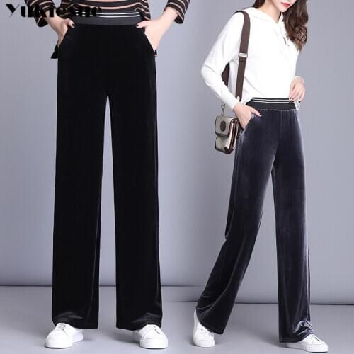 New Womens High Waist Striped Wide Leg Long Pants Office Lady Loose office Stretch gold Velvet Casual Trousers Plus Size S-6XL