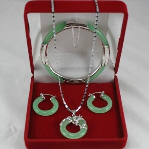 New Listed! green jadeBangle Bracelet Pendant Earring Jades Jewelry Set