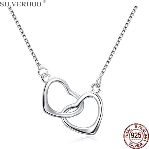 SILVERHOO Brand 925 Sterling Silver For Women Necklace Heart With Heart Together Pendent Necklace Girlfriend Gifts Fine Jewelry