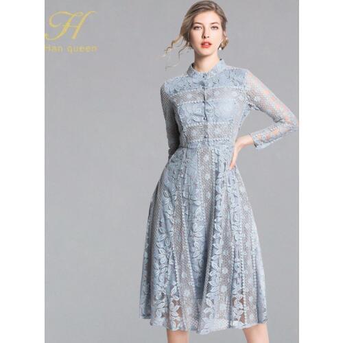 H Han Queen New Arrival 2019 Spring Lace Dress Fashion Vintage Floral Hollow Out Luxury Elegant Slim Women Evening Party Dresses