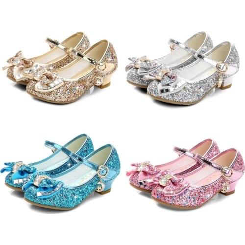 Princess Girls Leather Shoes Casual Glitter Children High Heel Kids Shoes 4-14 Year Children Butterfly Knot Blue Pink Silver