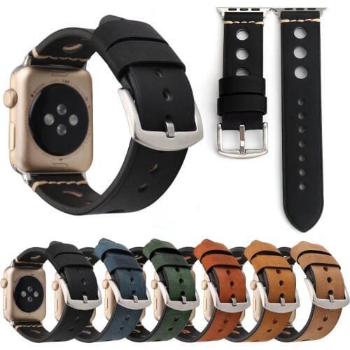 Retro Genuine Leather Strap for Apple Watch Series 3 2 1 Band iWatch Round Hole Wristbands Classic Buckle Vintage Bracelet 38/42