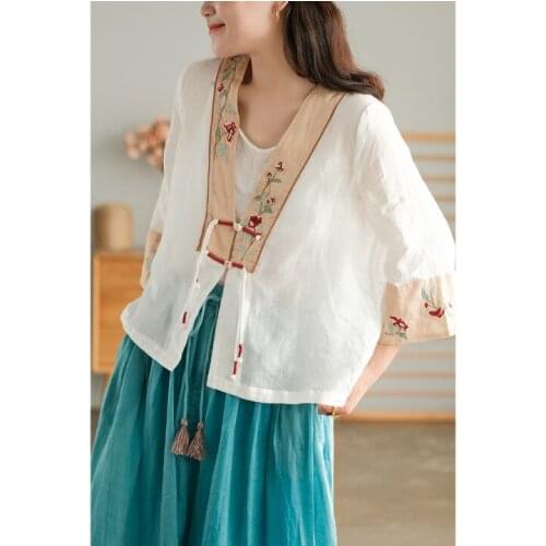 21New Women Shirts Summer Indie Folk Style Floral Embroidery V-Neck Collar Frogs Buttons Belt Female Ramie Thin Tops Fashion