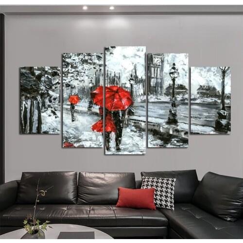 Modern Abstrac Couple walking down the street Poster And Print On Canvas Wall Art Painting Plant Pictures 5pcs Set Home Decor