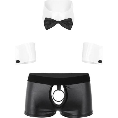 Mens Nightclub Dancer Costume Set Faux Leather Panties Low Waise o-ring Hollow Out Boxer Briefs Underwear Bowknot Collar Cuffs