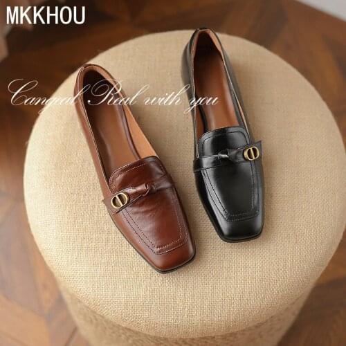 MKKHOU Fashion Single Shoes Women Genuine Leather High-end Quality French Retro Square Toe Loafers Low Heel Ladies Leather Shoes