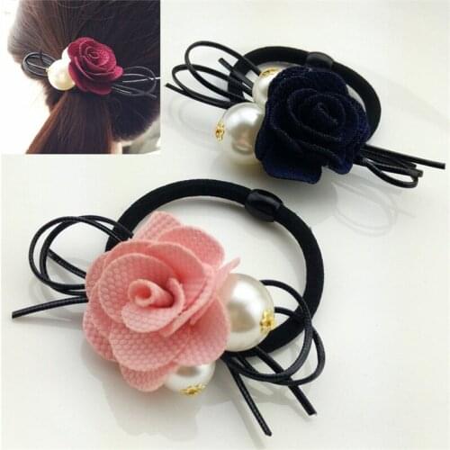 10PCS/LOT Lovely Rose Pearls Elastic Hair Bands Toys For Girls Handmade Bow Headband Scrunchy Kids Hair Accessories For Womens