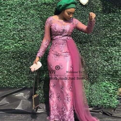 2020 Aso Ebi Fuchsia Lace Mermaid Prom Dresses With Tulle Elegant Full Sleeves Long African Prom Gowns Appliques Party Dresses