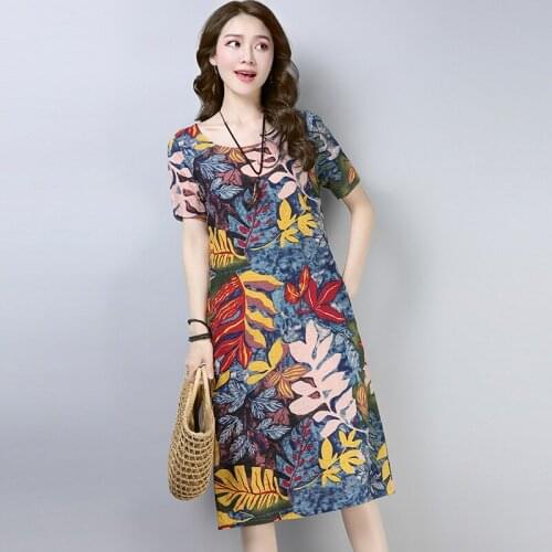 2021 New Arrival Short Sleeve Loose Summer Dress Print Floral Linen Cotton Vintage Dress Plus Size Women Holiday Casual Dress