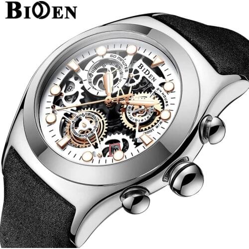 Brand BIDEN Brand Sport Watches Men Skeleton Dial watch Quartz Analog Wristwatch Leather Strap watch Relogio Masculino