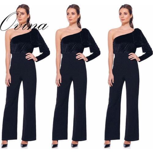 Black One Shoulder Long Sleeve Full Length Bandage Jumpsuit Fashion Women Rompers