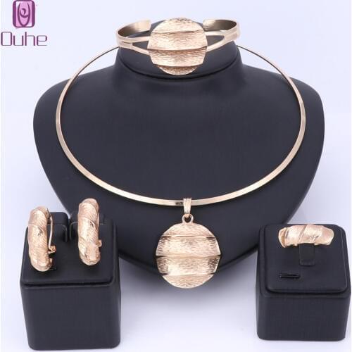 Dubai Gold Color Jewelry Sets Necklace Earrings Bangle Ring Indian Sets For Women Costume Accessories Wedding Bridal Gift