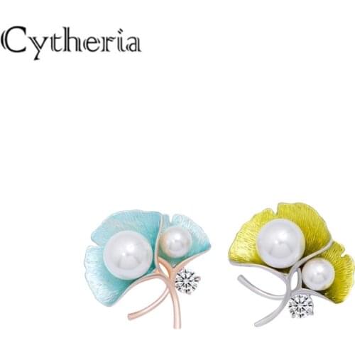 Elegant women Ginkgo biloba deisgn pins brooches luxury simulated pearl crystal for female dress accessories