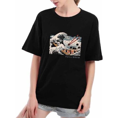 The Great Sushi Wave Japan Comics Style Print Women T-Shirts O-Neck Clothes Harajuku Oversize Cotton T Shirt Breathable Man Tops