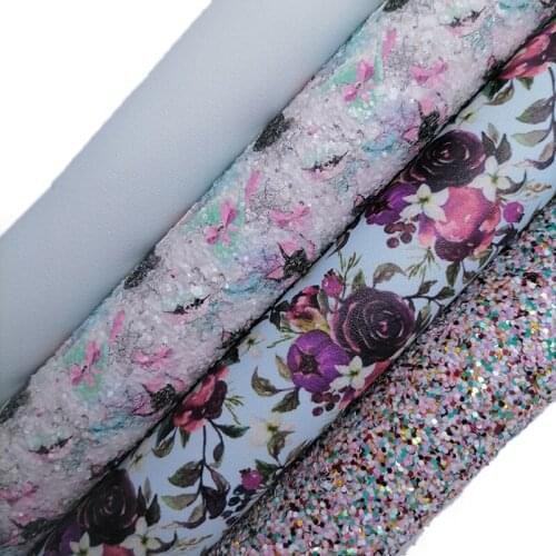 Mixed Glitter leather, Cats Printed Glitter Faux leather, Rose Flowers Printed Faux Leather Sheets For Bows DIY 21x29CM KM714