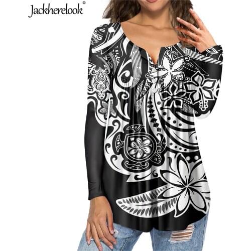 Jackherelook Spring/Autumn Black Tunic Tops Blouse Polynesian Tribal Hibiscus Turtle Print Casual Office Ladies Shirt Plus Size
