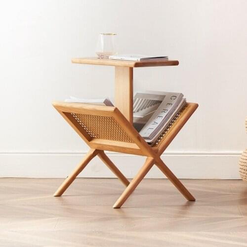 TT Book Shelf Nordic Solid Wood Bookshelf Magazine Storage Rack Side Table Newspaper Shelf Floor Rattan