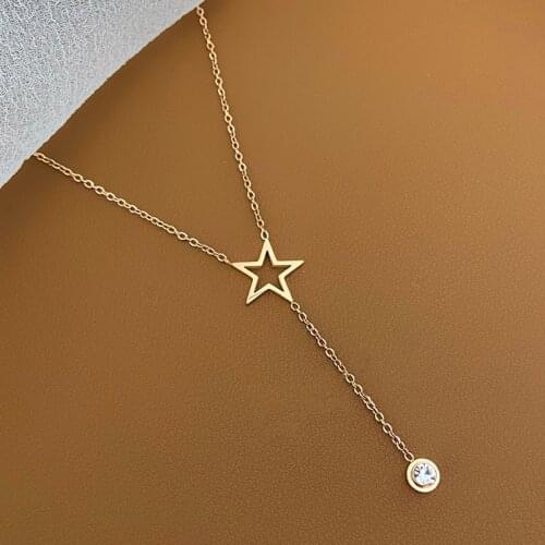 Korean Trend Hollow Out Five Pointed Star Necklace Charming Female Crystal Zircon Tassel Pendant Fashion Girl Party Jewelry