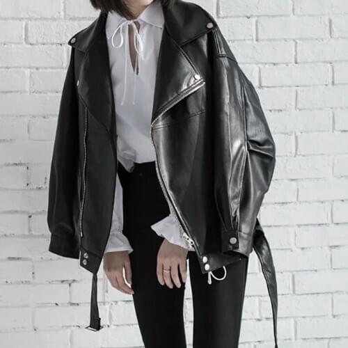 2021 Spring Autumn Women Faux Pu Leather Motorcycle Jacket Female With Belt Solid Color Jackets Ladies Loose Casual Jacket X045