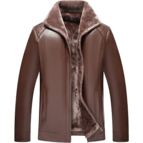 New Arrival Leather Jacket Winter Warm Solid Turn Down Woolen Collar Zipper Casual Size 50-62