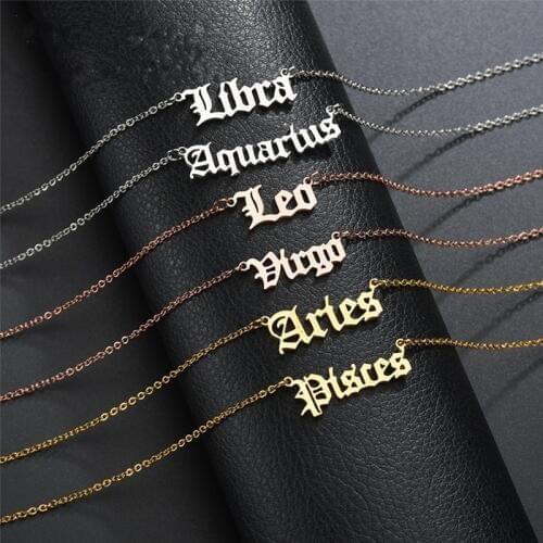 Stainless Steel Collar Old English Font Necklace Choker 12 Constellation Horoscopes Zodiac Signs Pendant Necklaces for Women