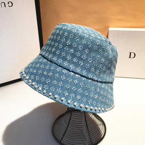 Luxury Women floppy ripped cotton bucket hat Outdoor girl Hip hop crystal pearl fisherman caps Panama gorros