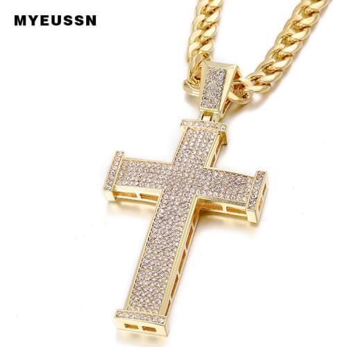 Iced Out Shining Crystal Cross Pendant Gold color Men Fashion Cross Necklace Chain Men Hip Hop Rapper Cubas Necklace
