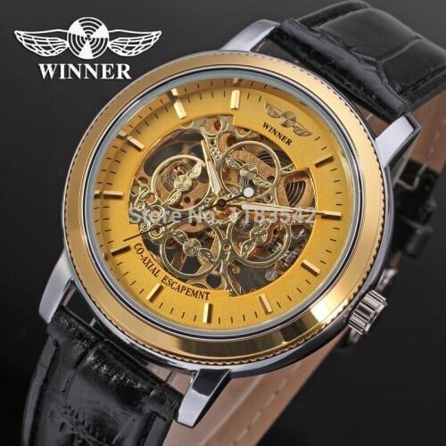 Winner Mens Watch Fashion Mechanical Leather Crystal Steampunk Analog Classic Band Wristwatch Color Gold WRG8002M3T1