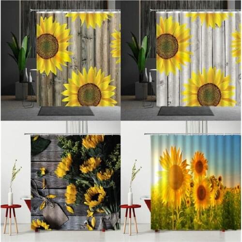 Sunflower Wood Grain Shower Curtain Hooks Bathroom Decor Waterproof Screen Hanging Curtain Multiple Size Polyester Fabric