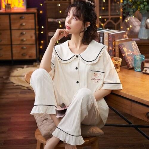 Cartoon Bear Womens Pajamas Loose Cotton Doll Collar Buttoned Cardigan Short-Sleeved Sleepwear Suit Female Cute Homewear Sets